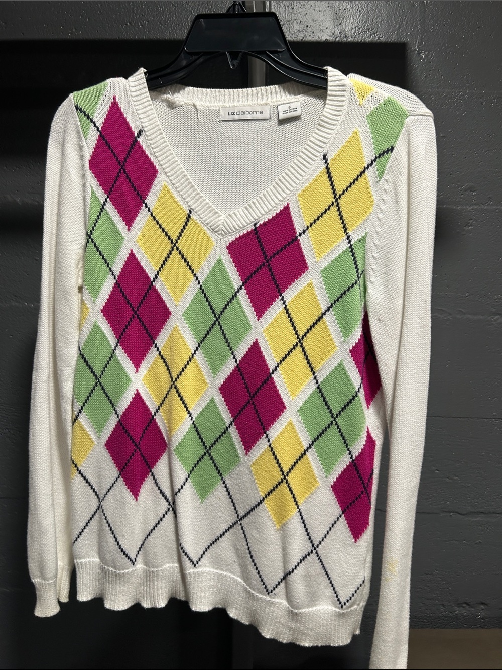 Liz Claiborne Cream V-Neck Argyle Sweater with Pink, Green & Yellow Diamonds